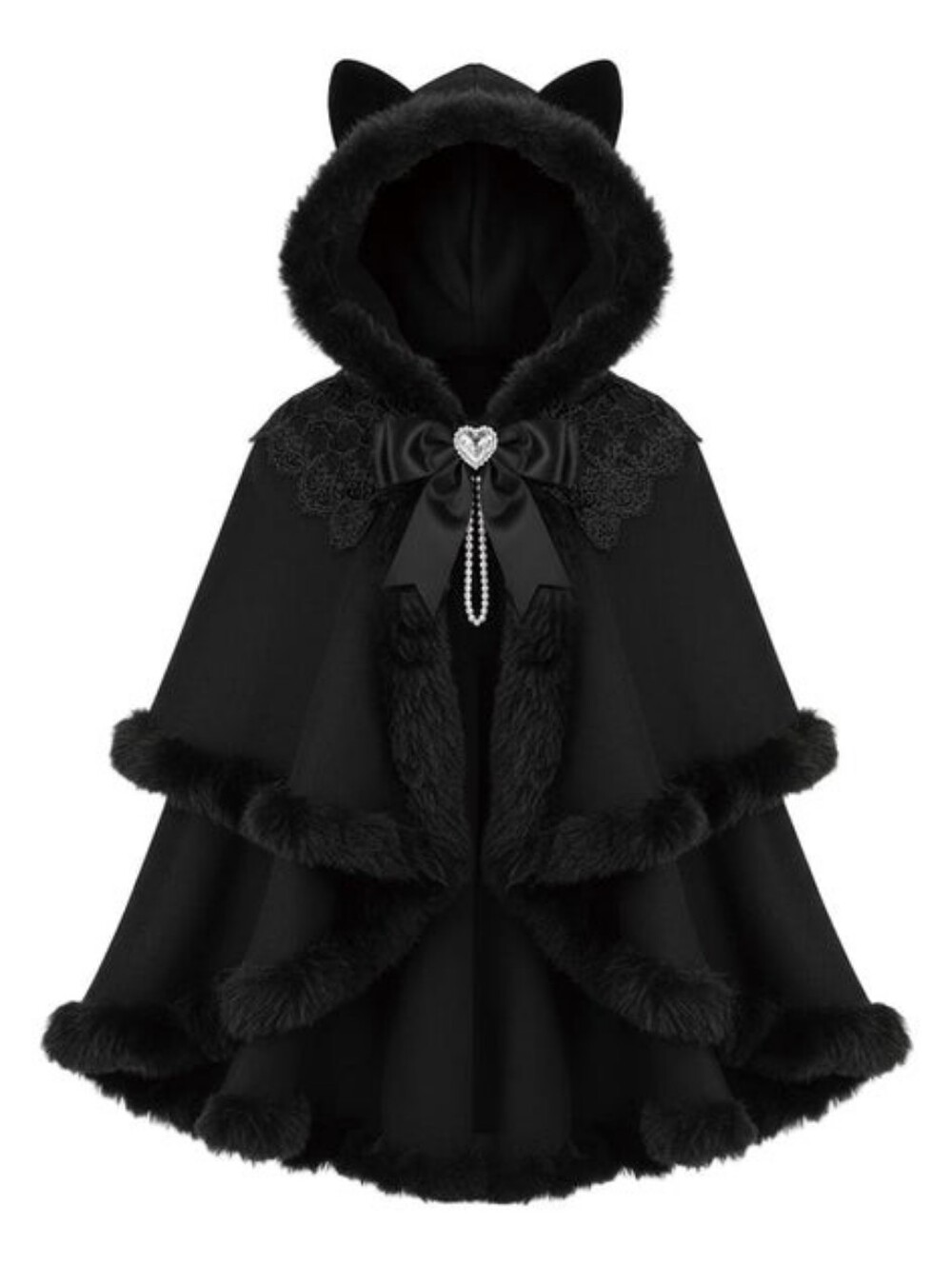NWOT Felted Fur Trim Cape / Shawl With Lace Collar & Bow Pin Hooded